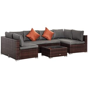 outsunny 4-piece patio furniture sets outdoor wicker conversation set pe rattan sectional sofa set with tempered glass coffee table and cushions for backyard and garden, brown