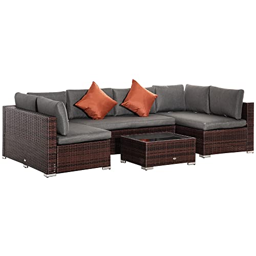 Outsunny 4-Piece Patio Furniture Sets Outdoor Wicker Conversation Set PE Rattan Sectional Sofa Set with Tempered Glass Coffee Table and Cushions for Backyard and Garden, Brown