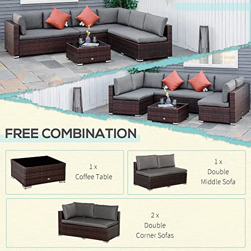 Outsunny 4-Piece Patio Furniture Sets Outdoor Wicker Conversation Set PE Rattan Sectional Sofa Set with Tempered Glass Coffee Table and Cushions for Backyard and Garden, Brown