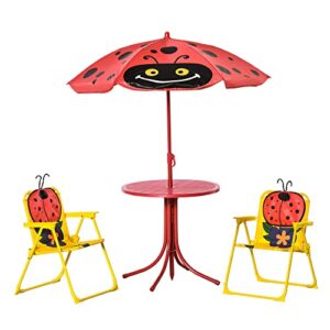 outsunny kids table and chair set, outdoor folding garden furniture, picnic table for patio backyard, with ladybug pattern, removable & height adjustable sun umbrella, aged 3-6 years old, red