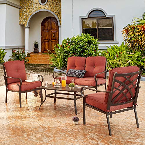 PatioFestival Patio Furniture Sets 4 Piece Metal Outdoor Sofas with 6.3 Inch Cushion Bistro Conversation Set(4PC,Red)