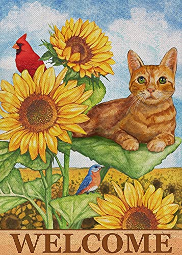 Furiaz Cat Cardinal Sunflower Welcome Spring Decorative Small Garden Flag, Summer Yard Orange Kitty Tabby Red Bird Outside Decoration, Fall Autumn Outdoor Burlap Decor Double Sided 12 x 18