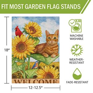 Furiaz Cat Cardinal Sunflower Welcome Spring Decorative Small Garden Flag, Summer Yard Orange Kitty Tabby Red Bird Outside Decoration, Fall Autumn Outdoor Burlap Decor Double Sided 12 x 18