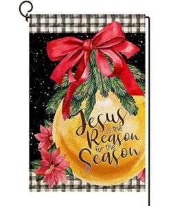 baccessor christmas jesus is the reason for the season garden flag burlap double sided, nativity religion jingling bell red bow-knot flag winter holiday xmas yard outdoor decoration 12.5×18 inch