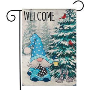 yicostar winter garden flag welcome winter flag gnomes snowy forest red cardinal birds double sided 12×18 inch christmas holiday yard flag outdoor decorations