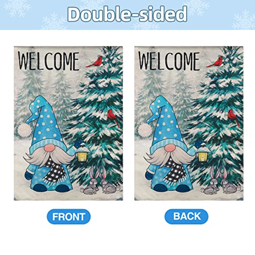 Yicostar Winter Garden Flag Welcome Winter Flag Gnomes Snowy Forest Red Cardinal Birds Double Sided 12x18 Inch Christmas Holiday Yard Flag Outdoor Decorations