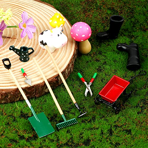 Haomian Miniature Fairy Garden Accessories Set 9 Pcs 1:12 Mini Metal Spade Pestle Kettle Wagon Rake Garden Watering Supplies Micro Landscape Ornaments Dollhouse Accessories