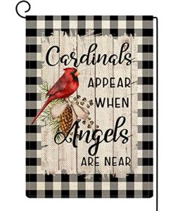 ortigia christmas red cardinals appear when angels are near garden flag vertical double sided 12x18inch buffalo check plaid pine nuts yard flag winter holiday xmas outdoor flag lawn home decoration