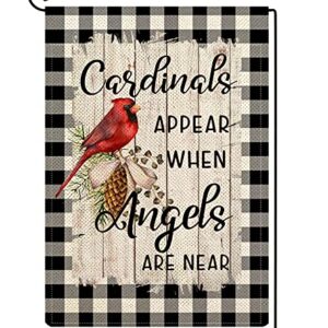 ORTIGIA Christmas Red Cardinals Appear When Angels are Near Garden Flag Vertical Double Sided 12x18inch Buffalo Check Plaid Pine Nuts Yard Flag Winter Holiday Xmas Outdoor Flag Lawn Home Decoration