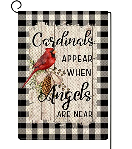 ORTIGIA Christmas Red Cardinals Appear When Angels are Near Garden Flag Vertical Double Sided 12x18inch Buffalo Check Plaid Pine Nuts Yard Flag Winter Holiday Xmas Outdoor Flag Lawn Home Decoration