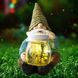 vcdsoy solar firefly jar gnome waterproof – solar outdoor led lights resin garden gnome statues decor 10.4″ lantern figurines funny yard decorations gifts for ornament outside patio yard lawn porch