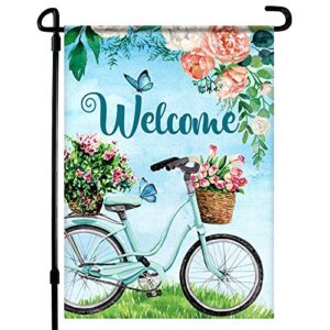 home4ever spring garden flag – 12.5 x 18 inch double – sided welcome bicycle front yard decor – seasonal welcome bike outdoor banner for house, porch, patio, lawn, deck, door – suits standard stands