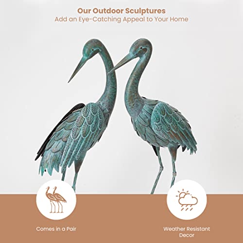 Bits and Pieces - 34” Metal Verdigris Herons Garden Statues - Set of 2 - Yard Decorations - Outdoor Sculptures - Garden Decoration - Heron Yard Art