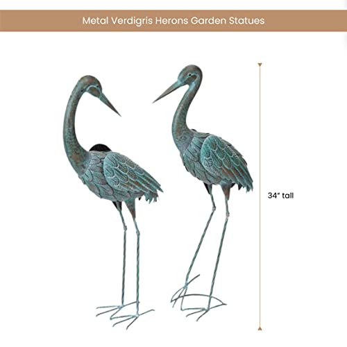 Bits and Pieces - 34” Metal Verdigris Herons Garden Statues - Set of 2 - Yard Decorations - Outdoor Sculptures - Garden Decoration - Heron Yard Art