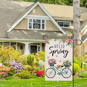 Hzppyz Hello Spring Bicycle Flowers Garden Flag Double Sided, Rose Bike Decorative Yard Outdoor Home Small Decor, Farmhouse Burlap Outside House Decoration 12 x 18