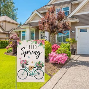 Hzppyz Hello Spring Bicycle Flowers Garden Flag Double Sided, Rose Bike Decorative Yard Outdoor Home Small Decor, Farmhouse Burlap Outside House Decoration 12 x 18