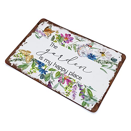 The Garden is My Happy Place Vintage Art Sign Home Gardening Sign Watercolor Flowers She Shed Sign Greenhouse Art DIY Decor Plaque Poster Home Garage Wall Decor 5.5x8 in