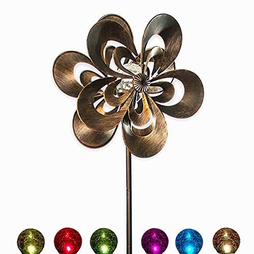 Solar Wind Spinner Magnolia Multi-Color Seasonal LED Lighting Solar Powered Glass Ball with Kinetic Wind Spinner Dual Direction for Patio Lawn & Garden