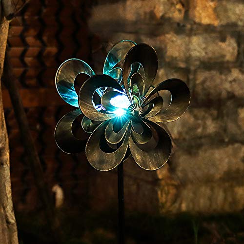 Solar Wind Spinner Magnolia Multi-Color Seasonal LED Lighting Solar Powered Glass Ball with Kinetic Wind Spinner Dual Direction for Patio Lawn & Garden