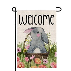 Welcome Easter Garden Flag Vertical Double Sided, Spring Bunny Floral Basket Holiday Yard Farmhouse Outdoor Decoration 12x18 Inch DF022