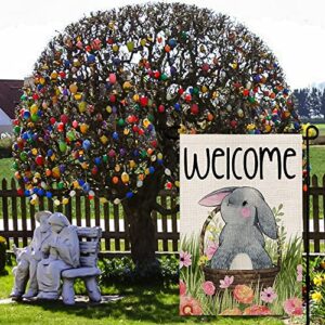 Welcome Easter Garden Flag Vertical Double Sided, Spring Bunny Floral Basket Holiday Yard Farmhouse Outdoor Decoration 12x18 Inch DF022