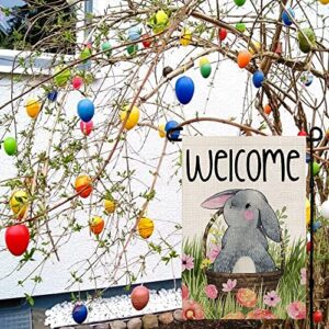 Welcome Easter Garden Flag Vertical Double Sided, Spring Bunny Floral Basket Holiday Yard Farmhouse Outdoor Decoration 12x18 Inch DF022