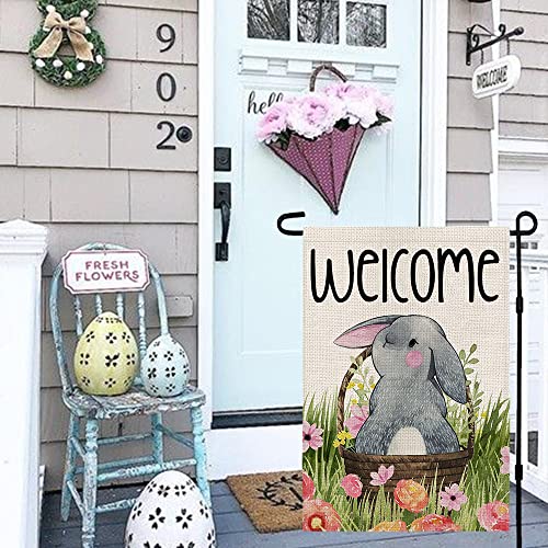 Welcome Easter Garden Flag Vertical Double Sided, Spring Bunny Floral Basket Holiday Yard Farmhouse Outdoor Decoration 12x18 Inch DF022