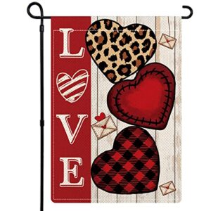 YOVOYOA Happy Valentines Day Garden Flag, 12.5 x 18" Vertical Double Sided Heart Anniversary Wedding Burlap Flag, Rustic Love Leopard Print Buffalo Check Plaid Flag for Yard Patio Farmhouse Decor