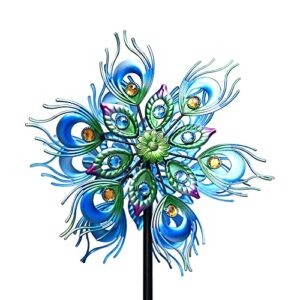 roaming light peacock wind spinner, 48inch double wind sculpture, kinetic wind spinners outdoor metal stake yard spinners, garden wind catcher wind mills, wind spinners for yard and garden