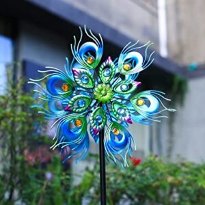 Roaming Light Peacock Wind Spinner, 48Inch Double Wind Sculpture, Kinetic Wind Spinners Outdoor Metal Stake Yard Spinners, Garden Wind Catcher Wind Mills, Wind Spinners for Yard and Garden