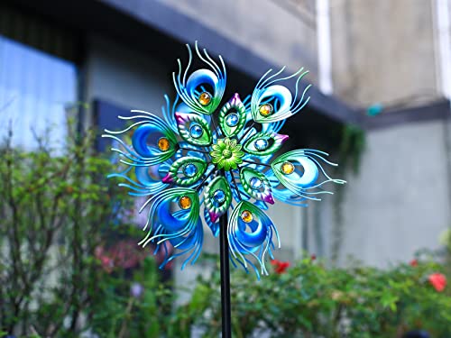 Roaming Light Peacock Wind Spinner, 48Inch Double Wind Sculpture, Kinetic Wind Spinners Outdoor Metal Stake Yard Spinners, Garden Wind Catcher Wind Mills, Wind Spinners for Yard and Garden