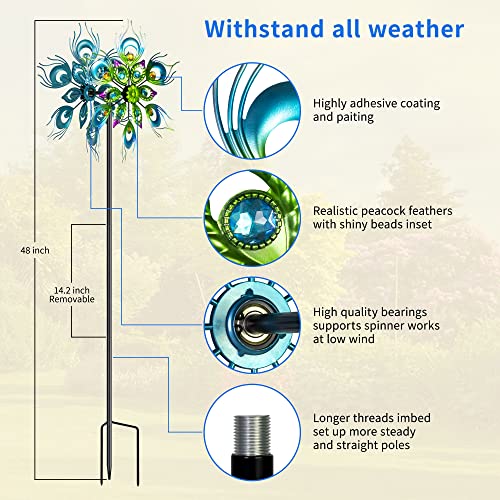 Roaming Light Peacock Wind Spinner, 48Inch Double Wind Sculpture, Kinetic Wind Spinners Outdoor Metal Stake Yard Spinners, Garden Wind Catcher Wind Mills, Wind Spinners for Yard and Garden