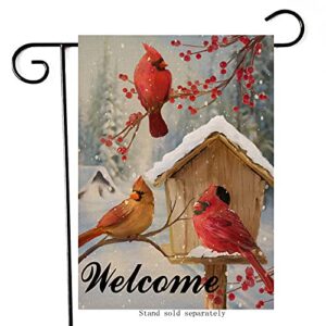 artofy welcome winter cardinals red birds home decorative garden yard flag, birdhouse berries tree branches outside decor, christmas snow farmhouse outdoor small seasonal decoration double sided 12×18
