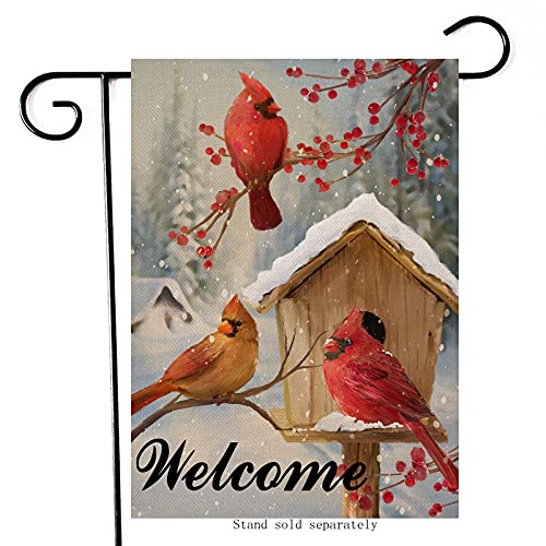 Artofy Welcome Winter Cardinals Red Birds Home Decorative Garden Yard Flag, Birdhouse Berries Tree Branches Outside Decor, Christmas Snow Farmhouse Outdoor Small Seasonal Decoration Double Sided 12x18