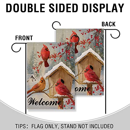 Artofy Welcome Winter Cardinals Red Birds Home Decorative Garden Yard Flag, Birdhouse Berries Tree Branches Outside Decor, Christmas Snow Farmhouse Outdoor Small Seasonal Decoration Double Sided 12x18