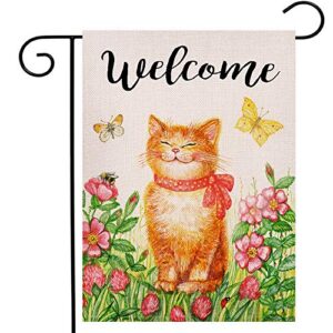 welcome cat kitten garden flag vertical double sided spring farmhouse burlap yard outdoor décor 12.5 x 18 inch