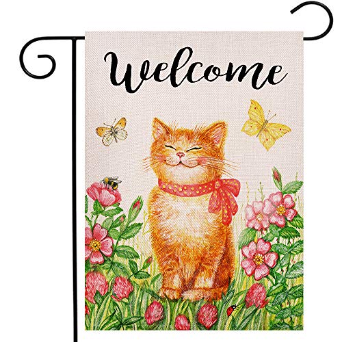 Welcome Cat Kitten Garden Flag Vertical Double Sided Spring Farmhouse Burlap Yard Outdoor Décor 12.5 x 18 Inch