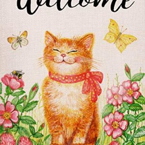 Welcome Cat Kitten Garden Flag Vertical Double Sided Spring Farmhouse Burlap Yard Outdoor Décor 12.5 x 18 Inch