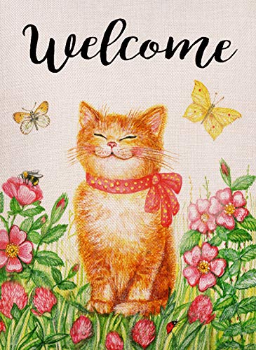 Welcome Cat Kitten Garden Flag Vertical Double Sided Spring Farmhouse Burlap Yard Outdoor Décor 12.5 x 18 Inch