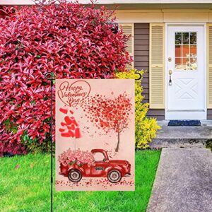 Valentines Day Garden Flag Double Sided Valentine Burlap House Flags Love Hearts Tree Red Truck with Rose Flowers Flags for Valentine's Day Decoration 12 x 18 Inch