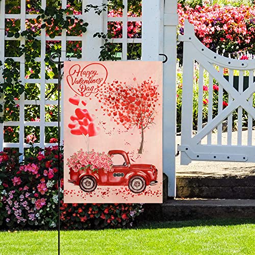 Valentines Day Garden Flag Double Sided Valentine Burlap House Flags Love Hearts Tree Red Truck with Rose Flowers Flags for Valentine's Day Decoration 12 x 18 Inch