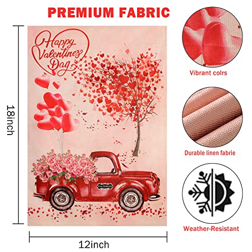 Valentines Day Garden Flag Double Sided Valentine Burlap House Flags Love Hearts Tree Red Truck with Rose Flowers Flags for Valentine's Day Decoration 12 x 18 Inch