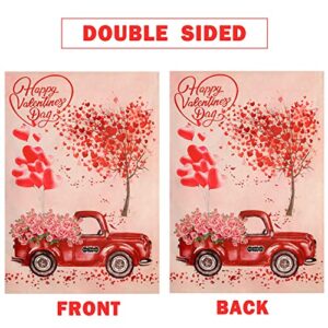 Valentines Day Garden Flag Double Sided Valentine Burlap House Flags Love Hearts Tree Red Truck with Rose Flowers Flags for Valentine's Day Decoration 12 x 18 Inch