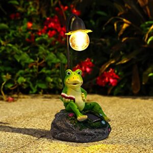 garden statues outdoor decor, resin frog sculptures & statues with edison bulb waterproof solar figurines lights for yard, lawn, pond, patio or ornaments gift