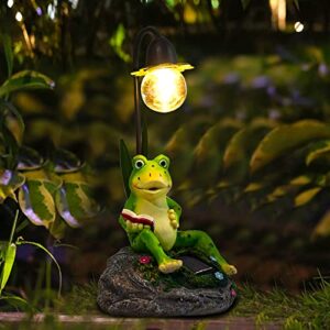 Garden Statues Outdoor Decor, Resin Frog Sculptures & Statues with Edison Bulb Waterproof Solar Figurines Lights for Yard, Lawn, Pond, Patio or Ornaments Gift