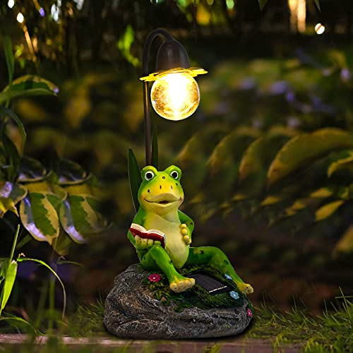 Garden Statues Outdoor Decor, Resin Frog Sculptures & Statues with Edison Bulb Waterproof Solar Figurines Lights for Yard, Lawn, Pond, Patio or Ornaments Gift