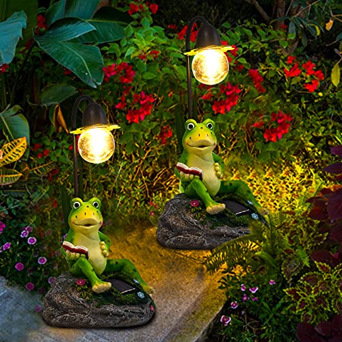 Garden Statues Outdoor Decor, Resin Frog Sculptures & Statues with Edison Bulb Waterproof Solar Figurines Lights for Yard, Lawn, Pond, Patio or Ornaments Gift