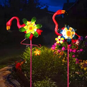 histoacryl 2 pack pink flamingos outdoor decorations, metal flamingo solar stakes lights with wind spinner, yard sculptures art decorative for garden, patio, landscape, pathway, christmas