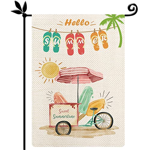 YOVOYOA Hello Summer Popsicles Garden Flag for Outside, 12.5 x 18 Inch Double Sided Hello Sunshine Flip Flops Flag, Happy Holidays Welcome Flag for Patio Lawn Yard Outdoor Decor