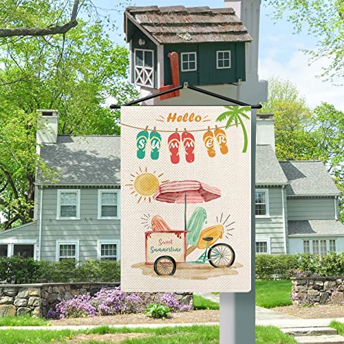 YOVOYOA Hello Summer Popsicles Garden Flag for Outside, 12.5 x 18 Inch Double Sided Hello Sunshine Flip Flops Flag, Happy Holidays Welcome Flag for Patio Lawn Yard Outdoor Decor